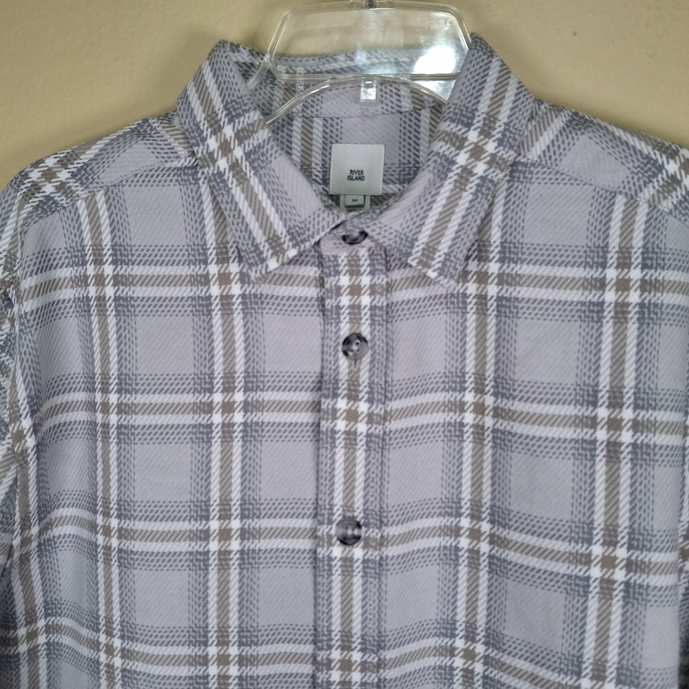 River Island Mens Shirt Medium Gray Tan Windowpane Plaid‎ Long Sleeve Casual